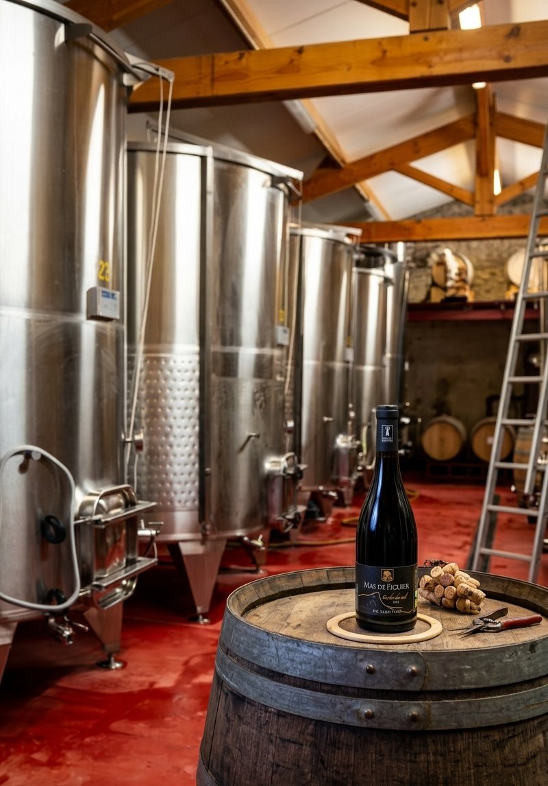 Cave Mas de Figuier — cuves inox et barriques